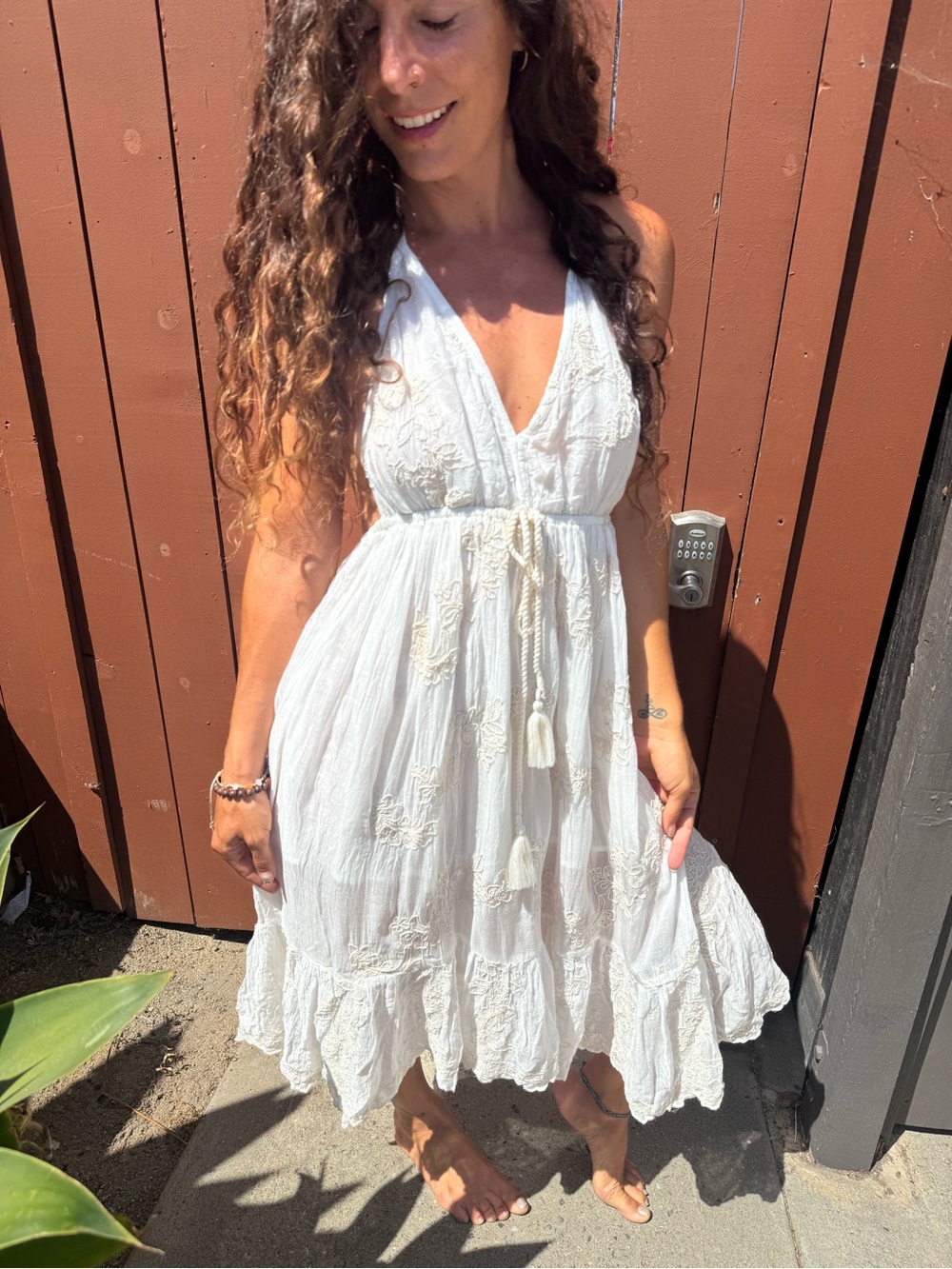 Hand Made Embroidery White Halter Midi Dress with Tassel Tie